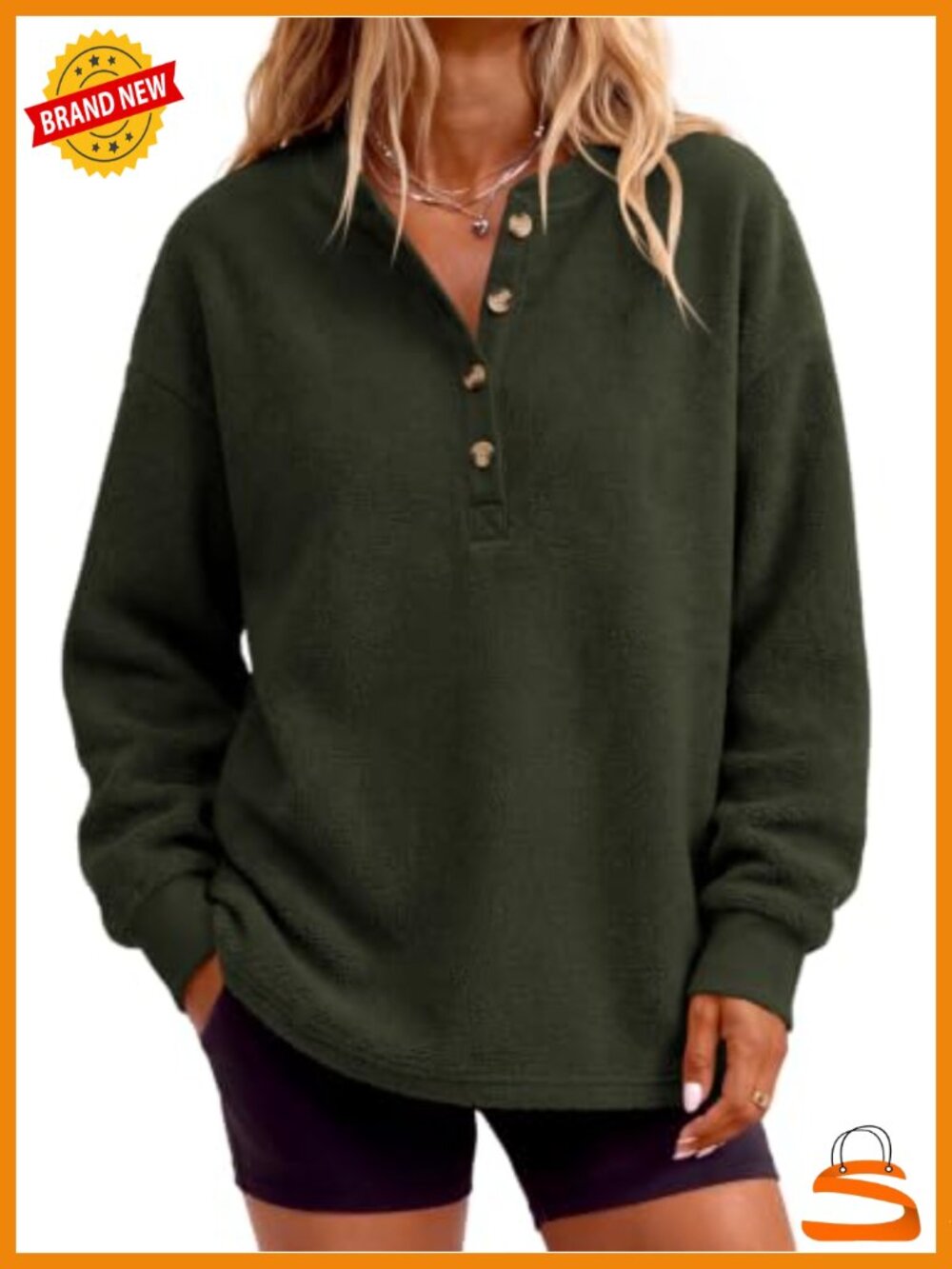 Womens Fuzzy Sherpa Sweatshirt Henley V Neck Fleece Pullover Loose Fit